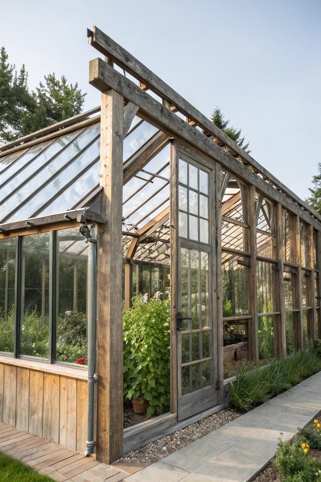 A pergola greenhouse with a harmonious blend of various materials.