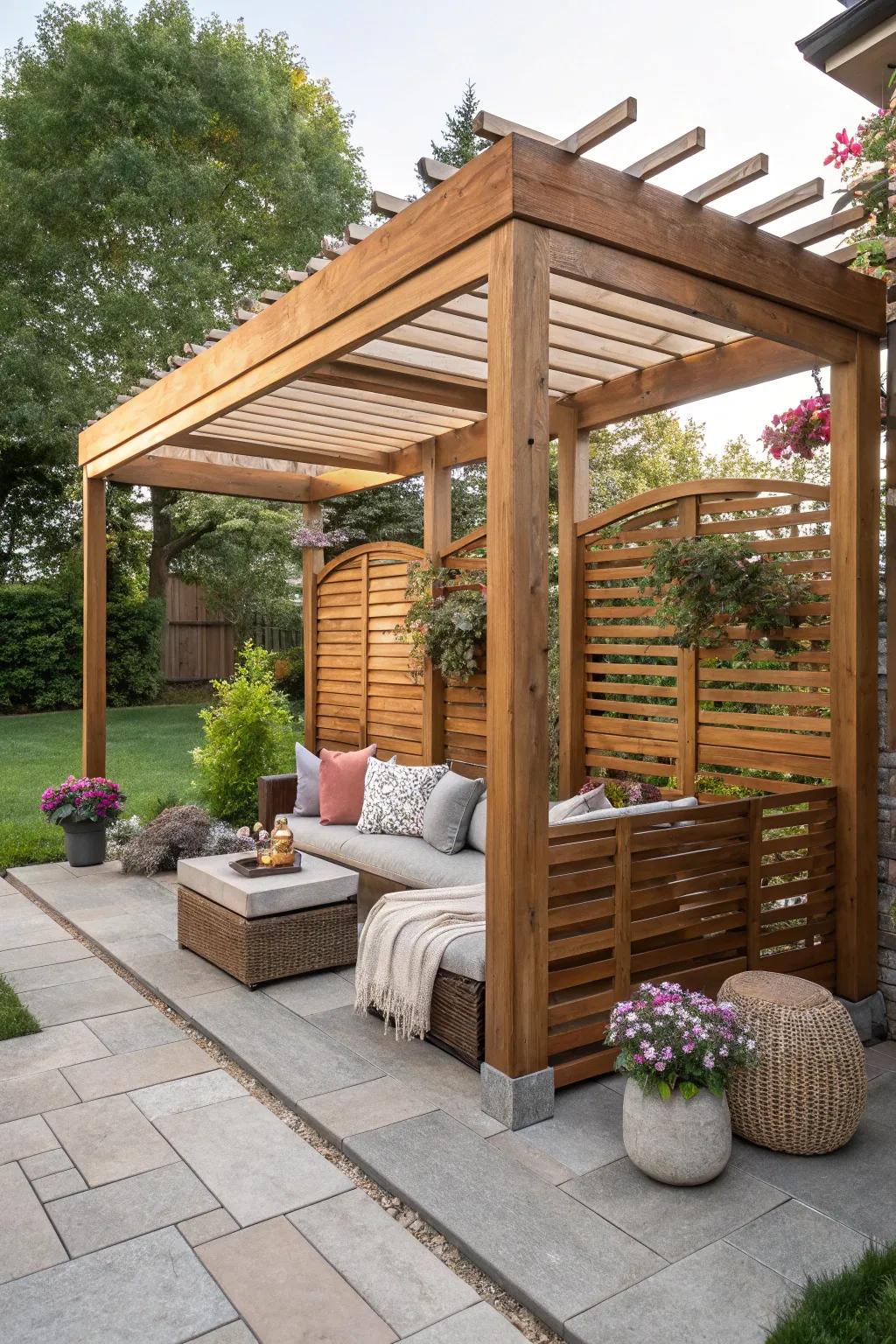 Enhance your privacy with stylish wooden panels on your pergola.