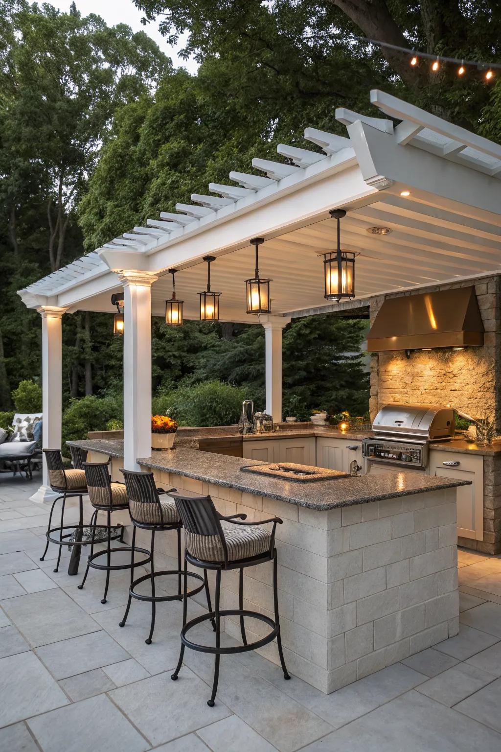 Bar seating under the pergola invites casual dining.