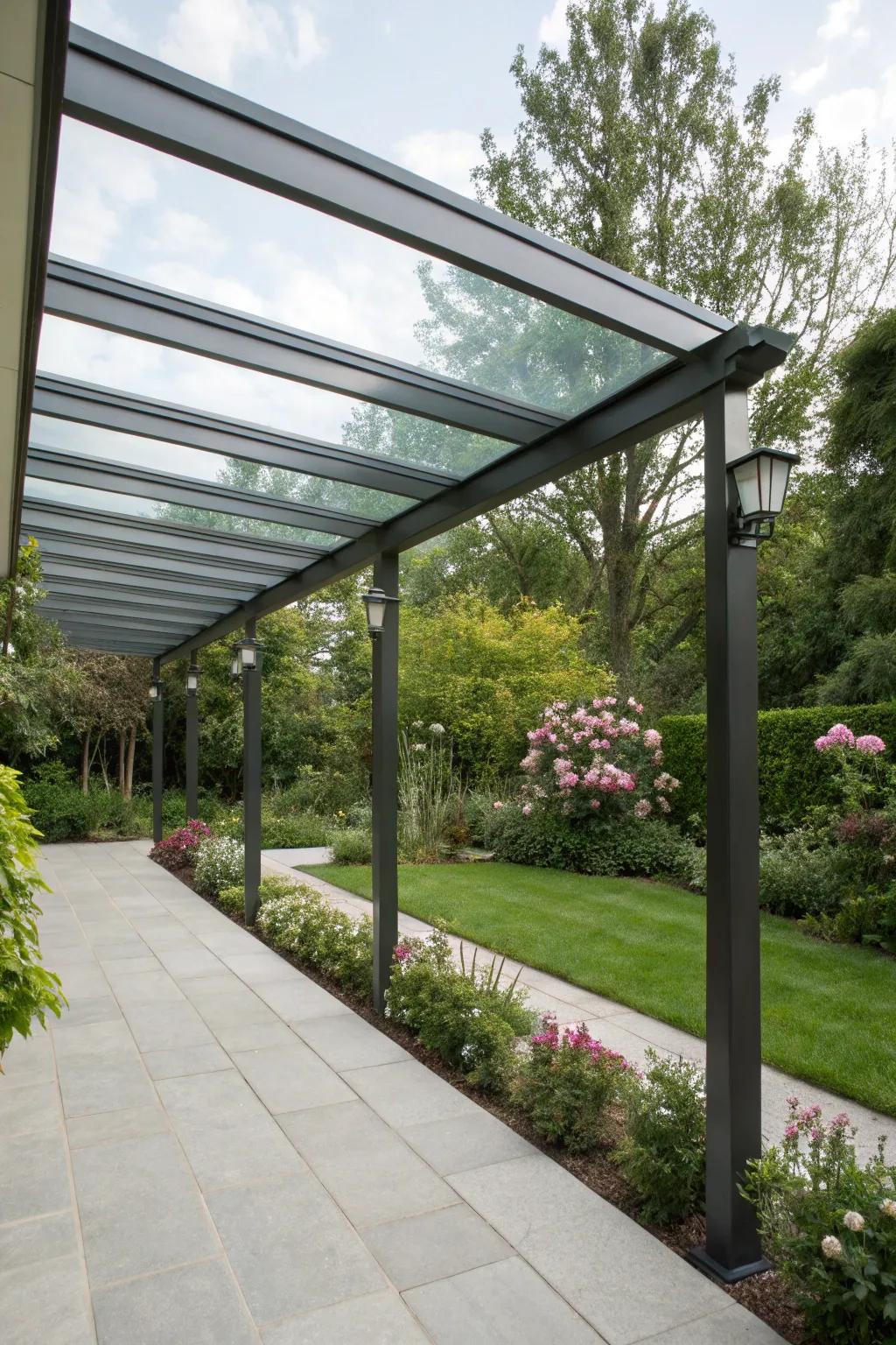 Glass panels add sophistication to this modern pergola.