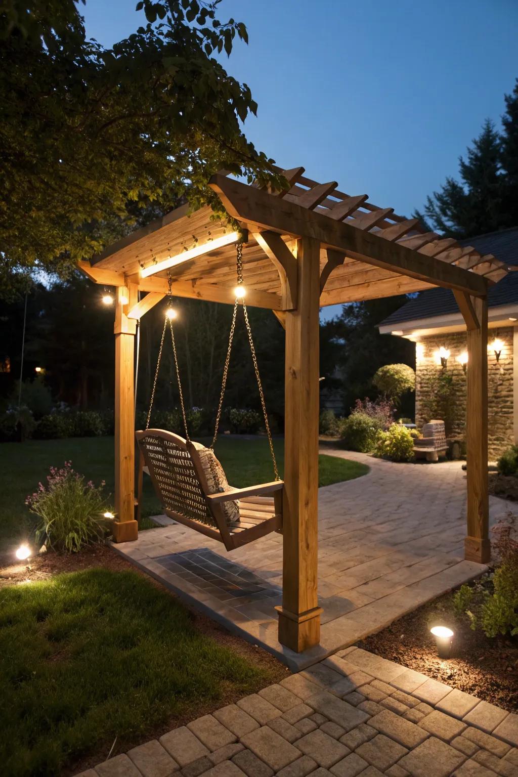 Integrated lighting enhances the usability of a pergola swing at night.