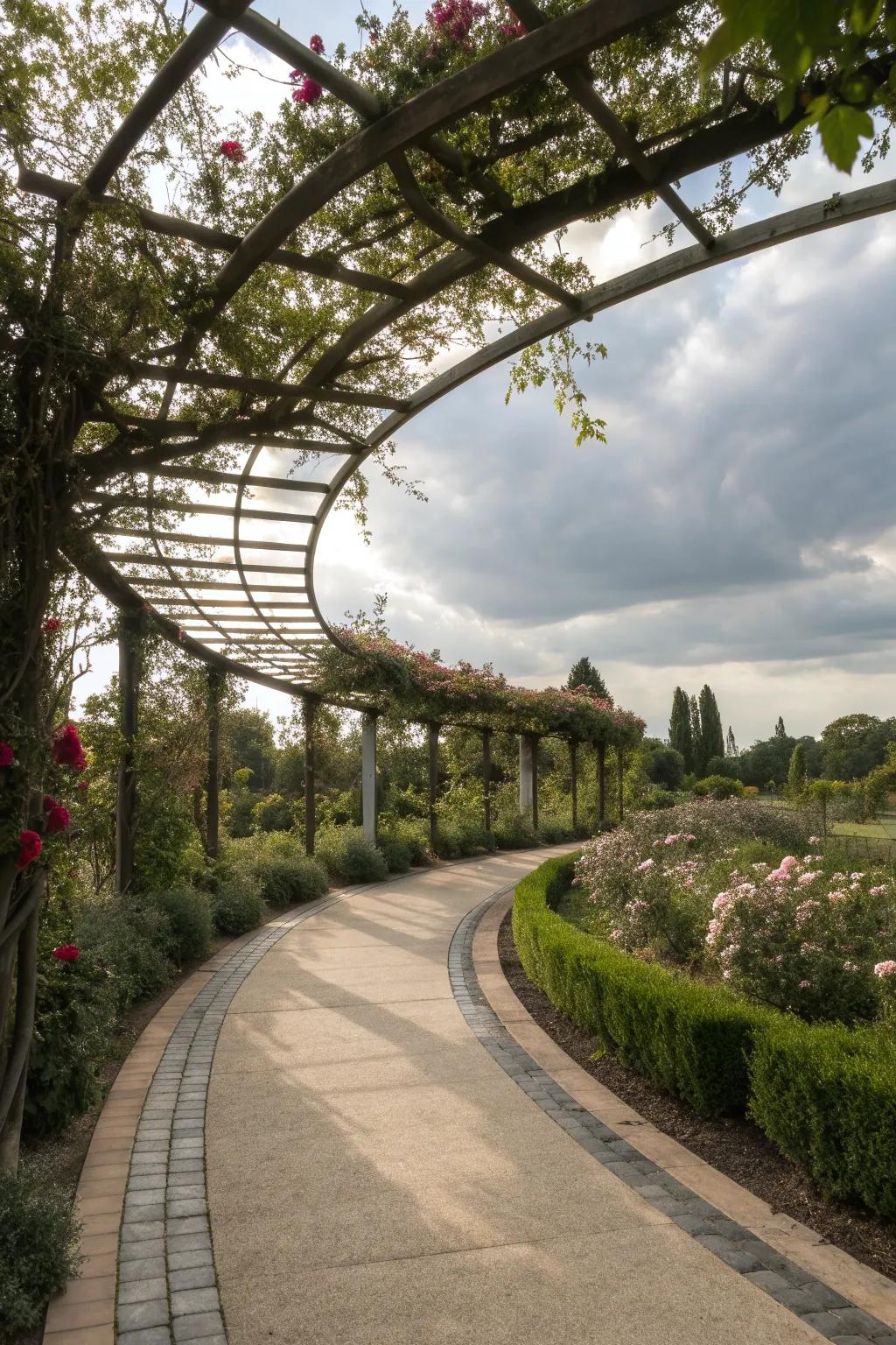 A pergola walkway featuring a gentle curve, adding elegance to the garden.