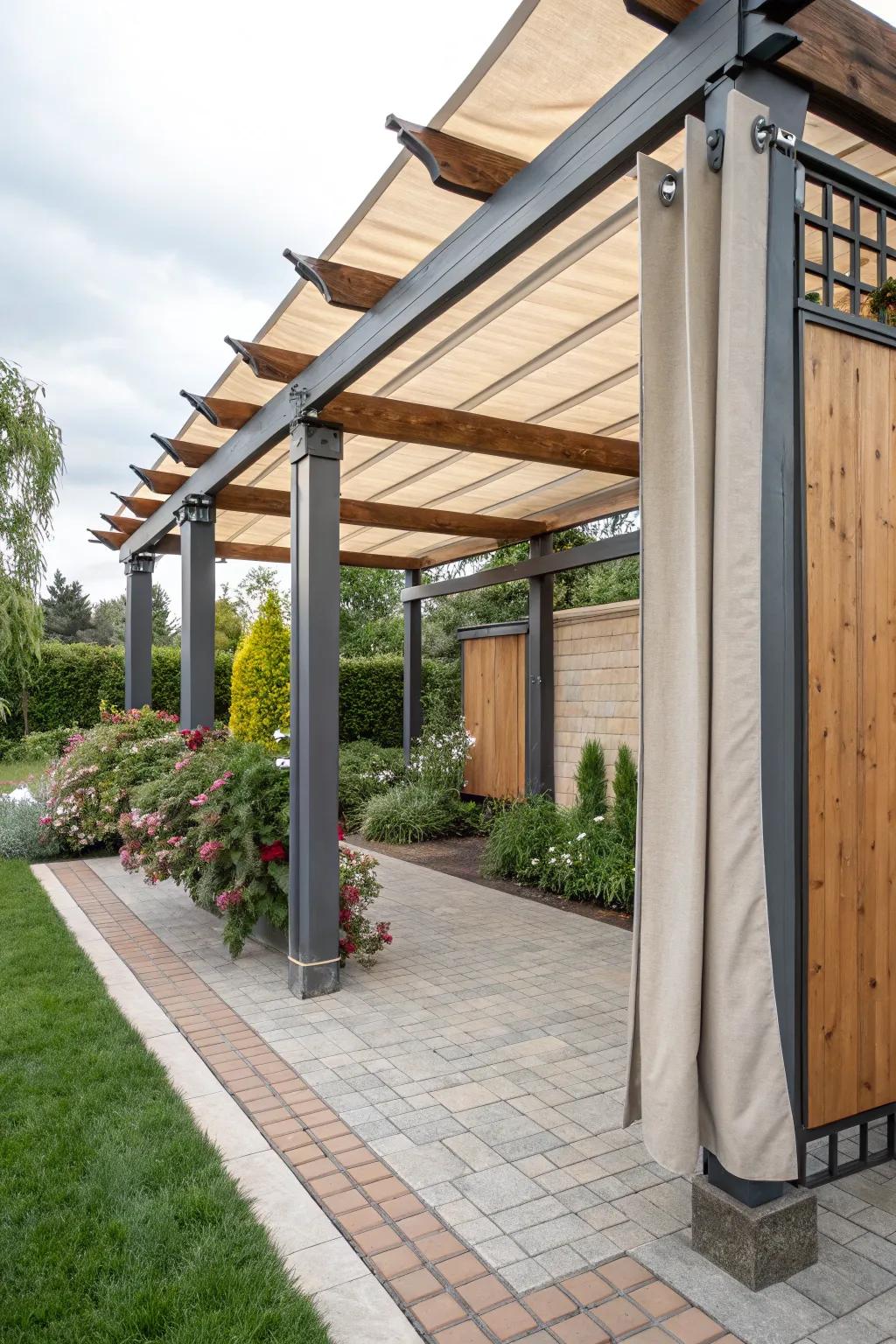 A pergola featuring a creative mix of wood, metal, and fabric materials.