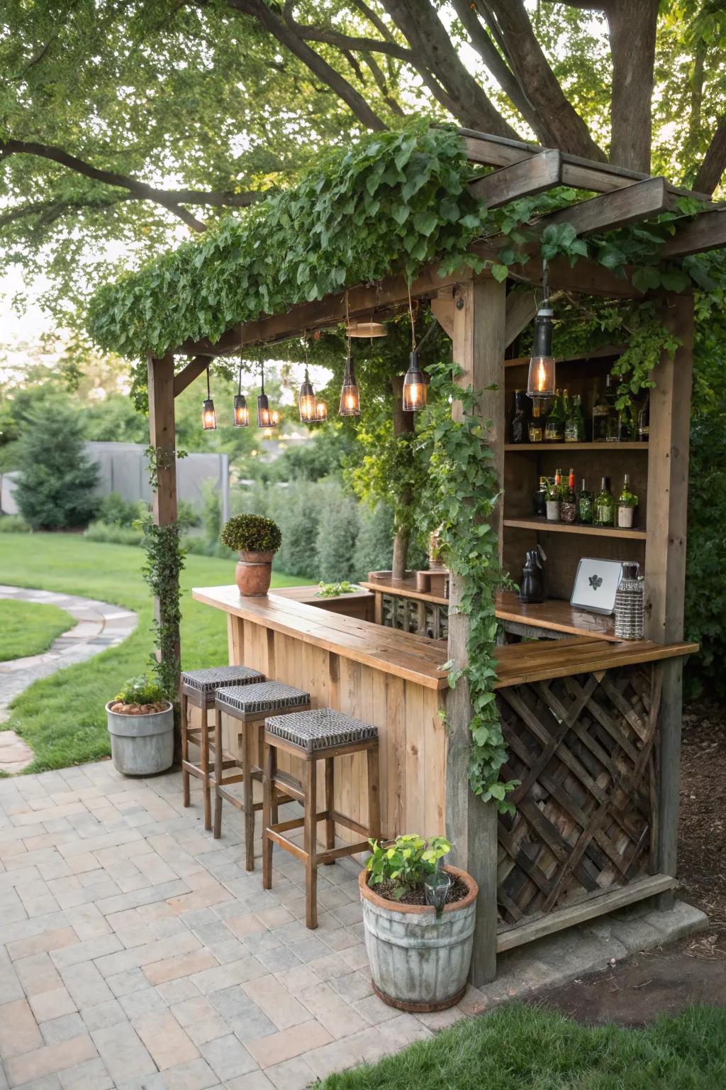 DIY customization gives this pergola bar a unique and personal flair.