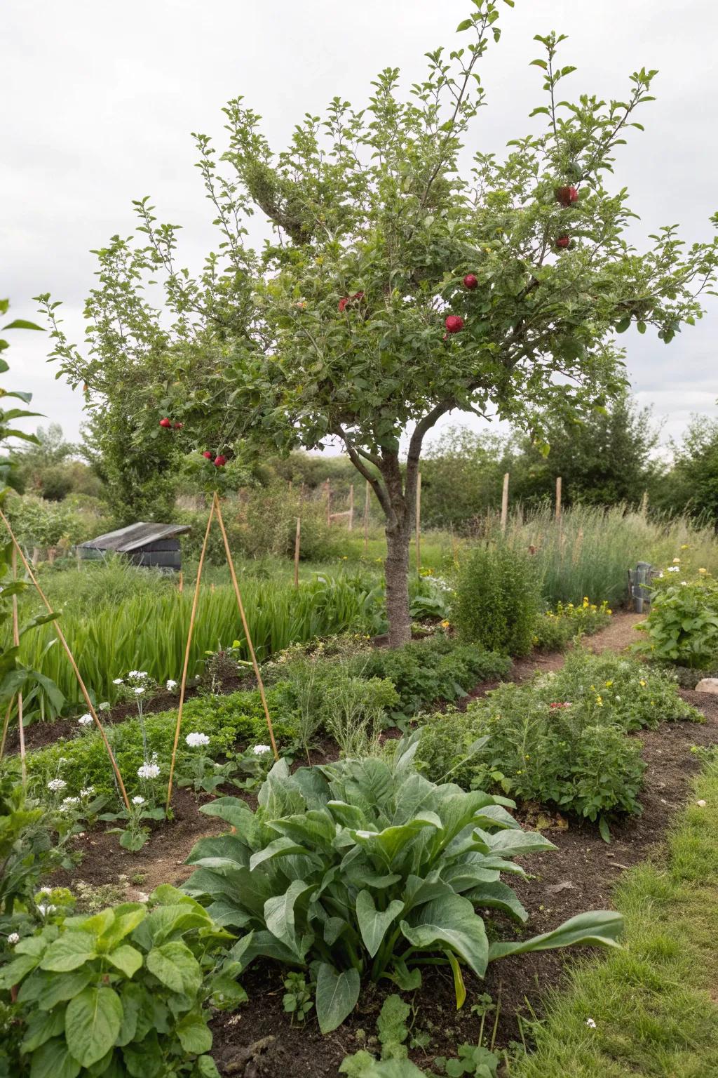 A harmonious permaculture guild with plants supporting each other's growth.