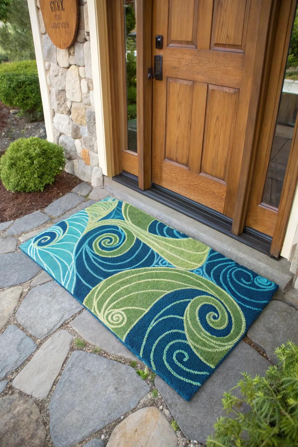 A door mat with abstract designs, adding artistic flair to the entrance.