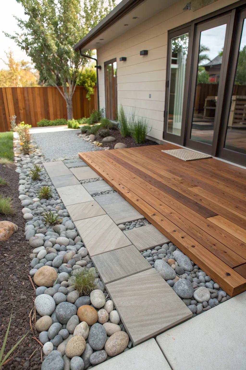 A visually stunning mixed material patio design.