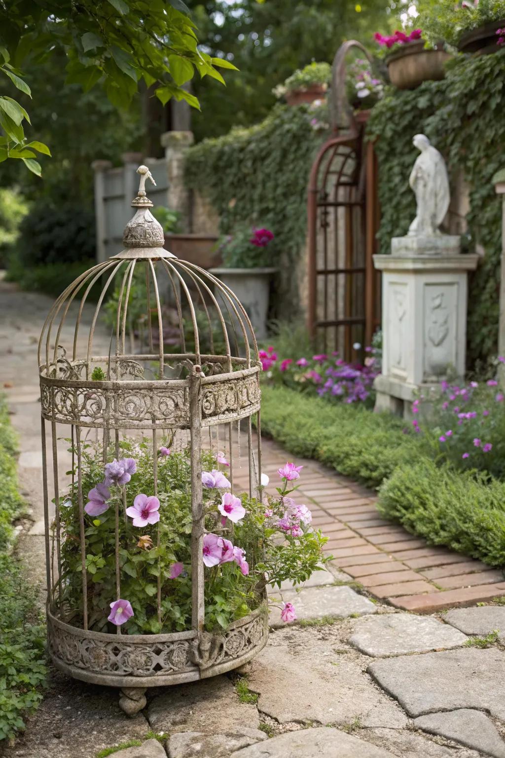 Birdcages add vertical interest and vintage flair to petunia displays.