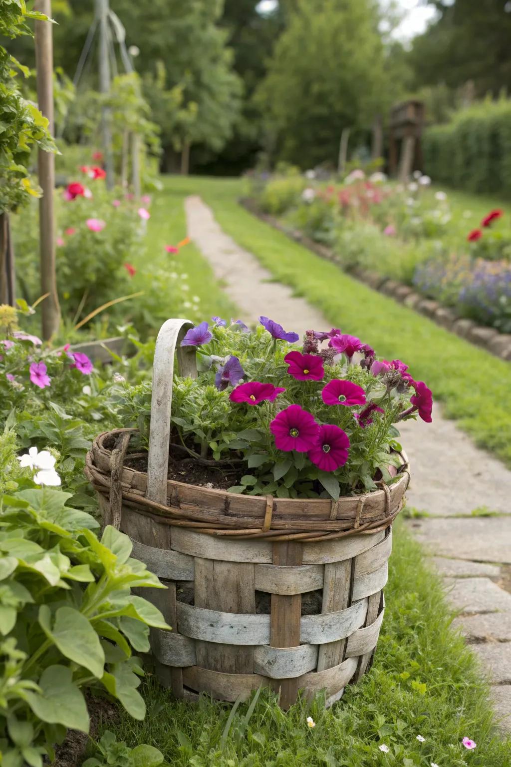 Eco-friendly flair with petunias in an upcycled basket.