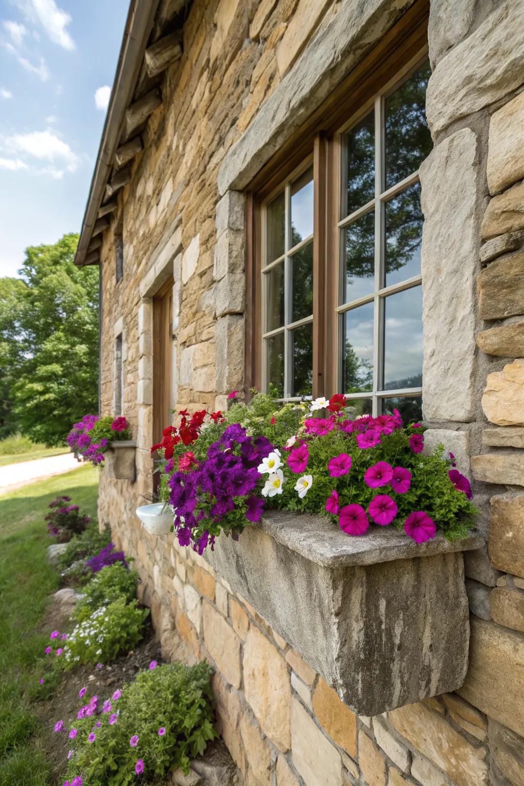 Natural stone boxes blend rustic charm with elegant petunias.