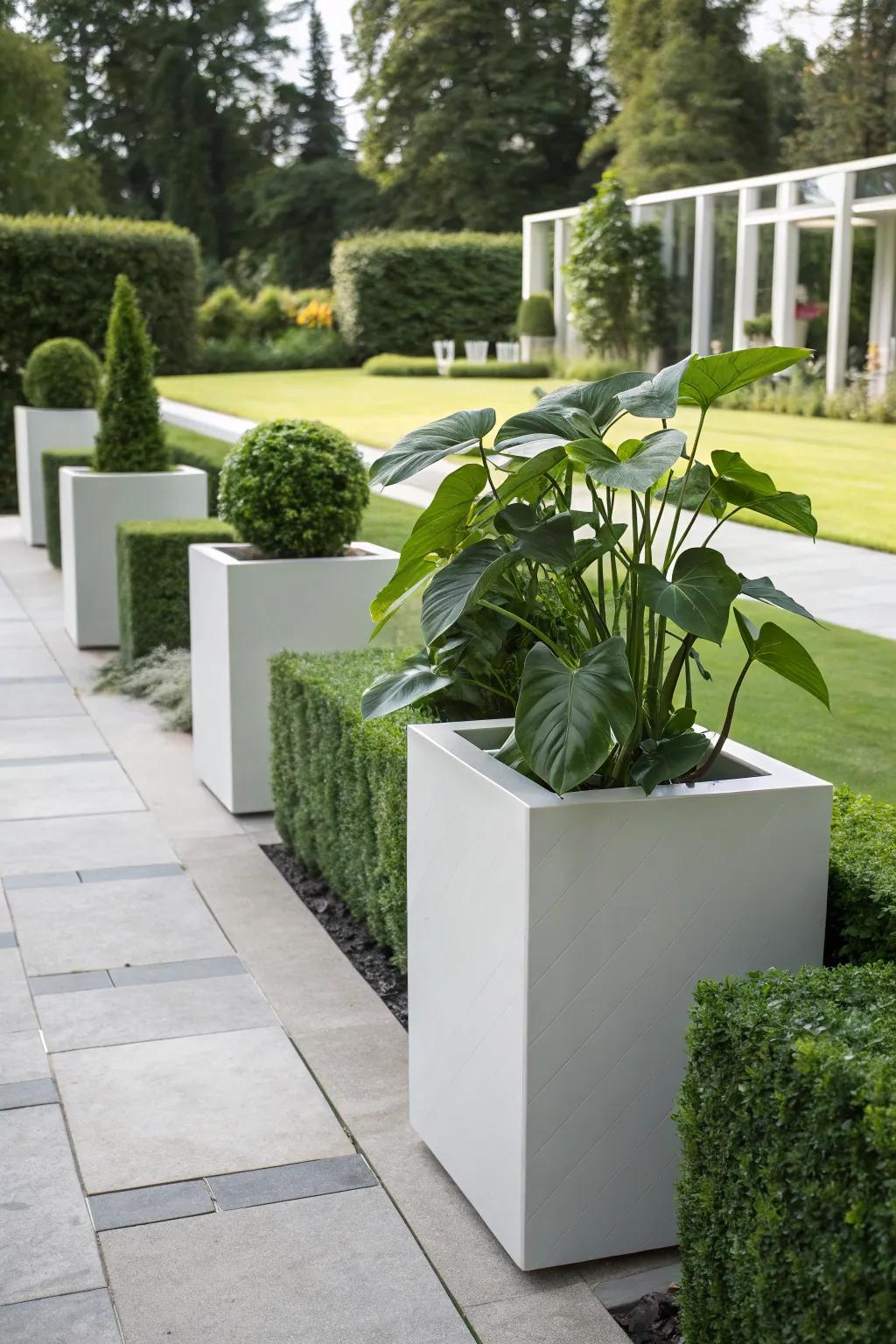 Add a modern touch with geometric planters for philodendrons.