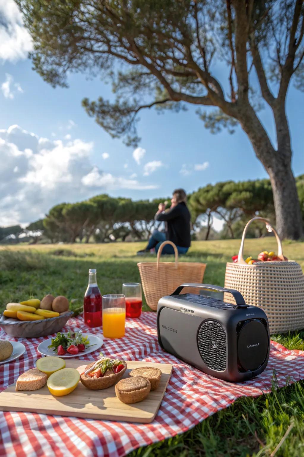 A portable Bluetooth speaker sets the perfect picnic mood with music.