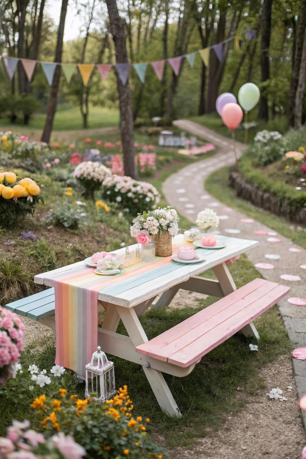A pastel rainbow picnic table adds a whimsical touch to a garden setting.
