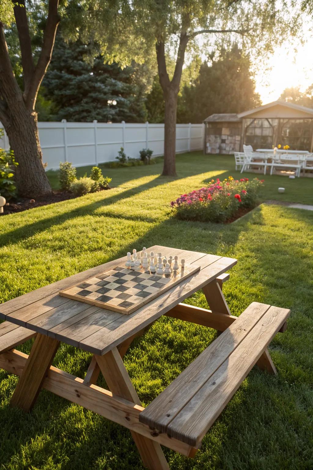 A chessboard picnic table offers both dining and entertainment.