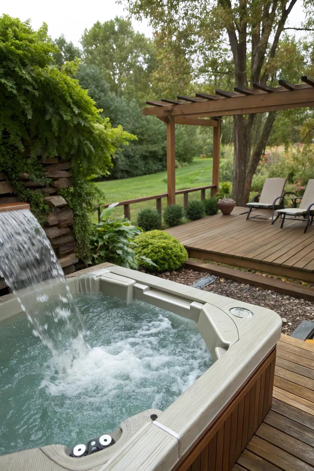 A water feature adds soothing sounds to your hot tub deck.