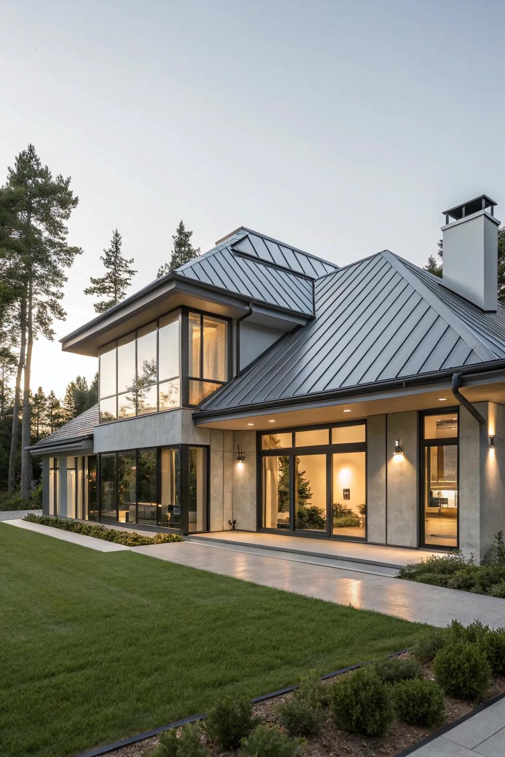 A futuristic home with a sleek metal roof, showcasing a cutting-edge design.