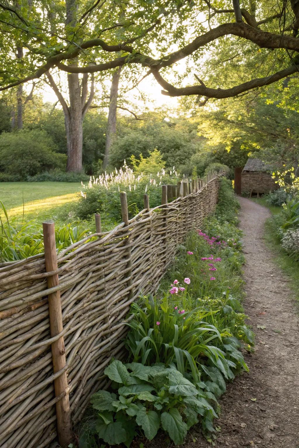 Organic charm with a woven branches privacy fence.