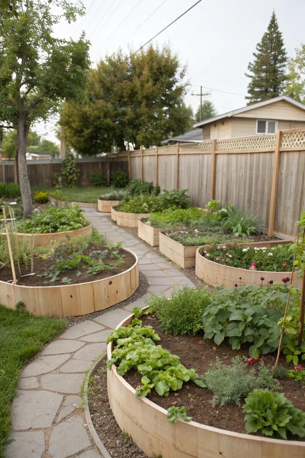 Edible garden spaces offer fresh produce in a pie-shaped backyard.