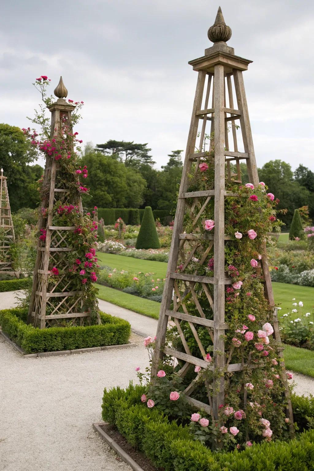 Add elegance and height with decorative garden obelisks.