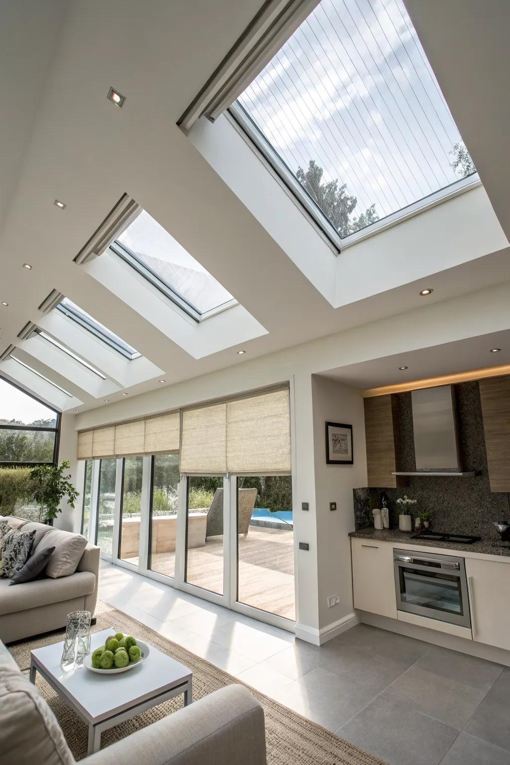 Skylights equipped with automated shades for ultimate convenience.