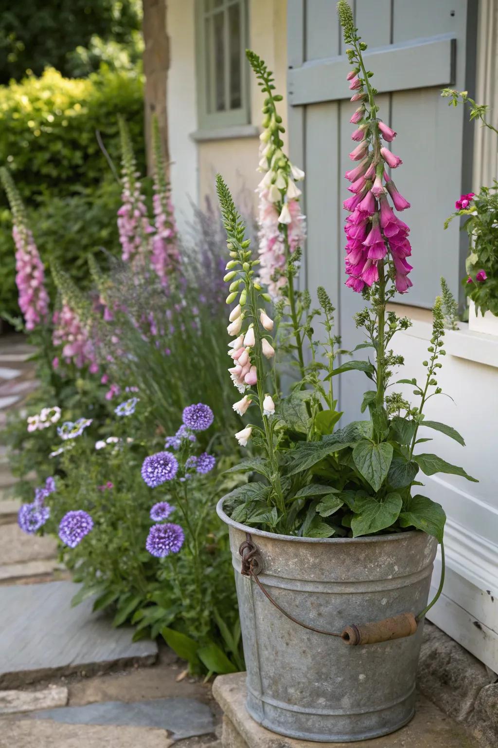 Cottage garden charm with tall foxgloves and delphiniums.