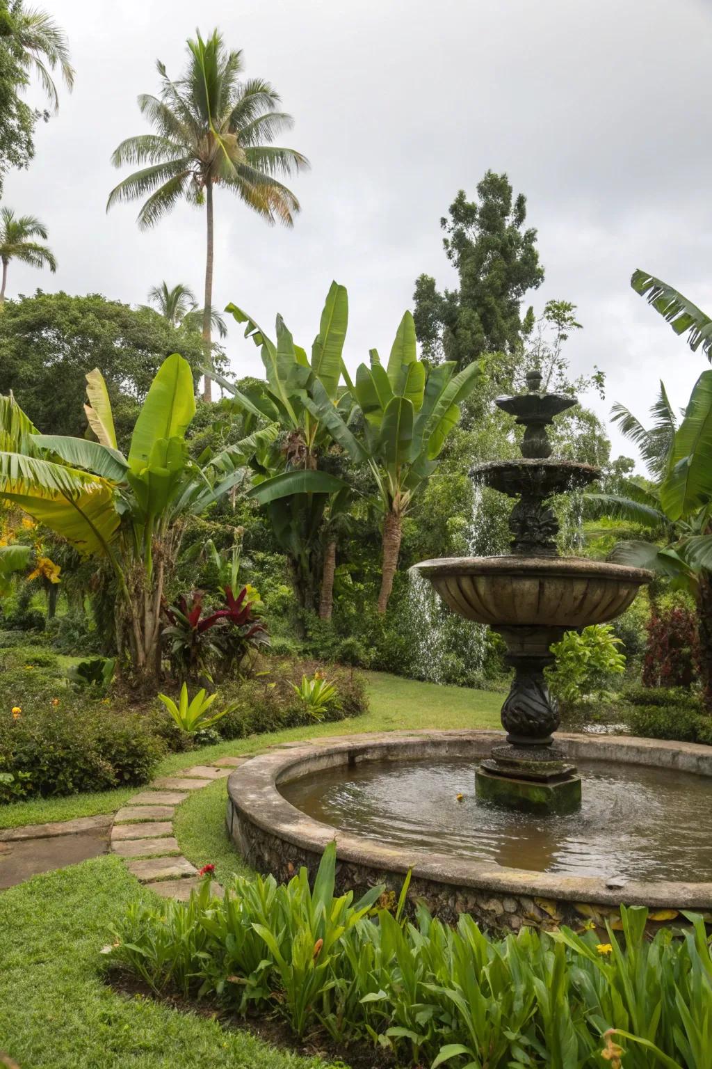 Tropical plants bring vacation vibes to fountain settings.