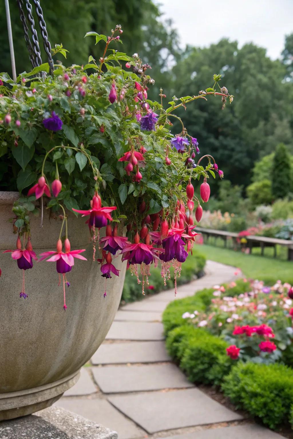 Graceful fuchsias in a large pot, adding elegance and color to the garden.