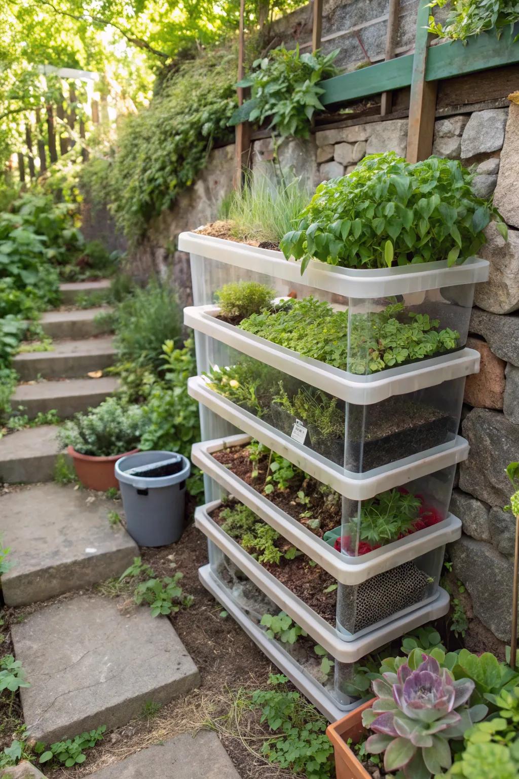 Display your plant collection with creative container shelves.