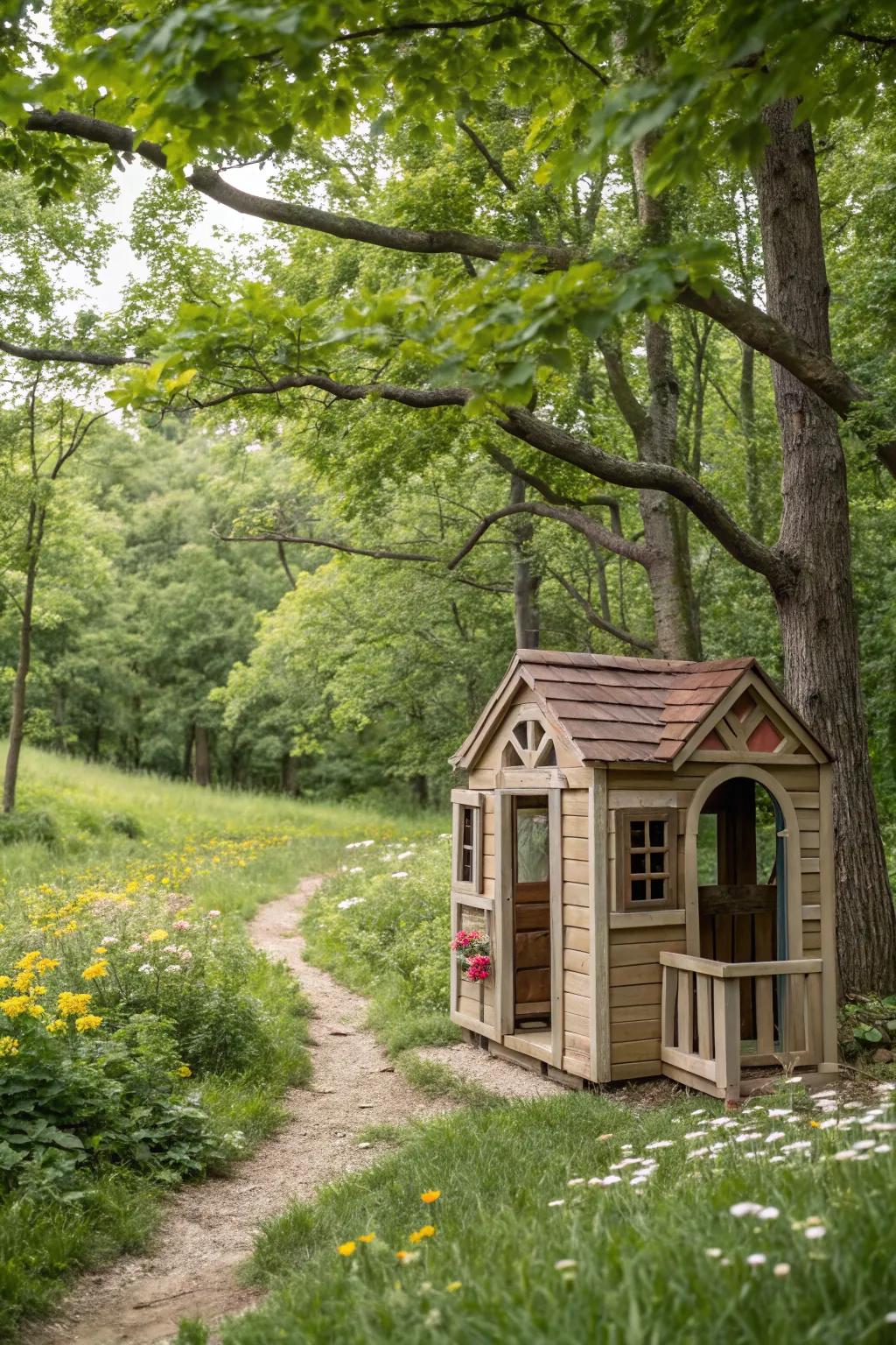 Rustic designs transform playhouses into cozy retreats.