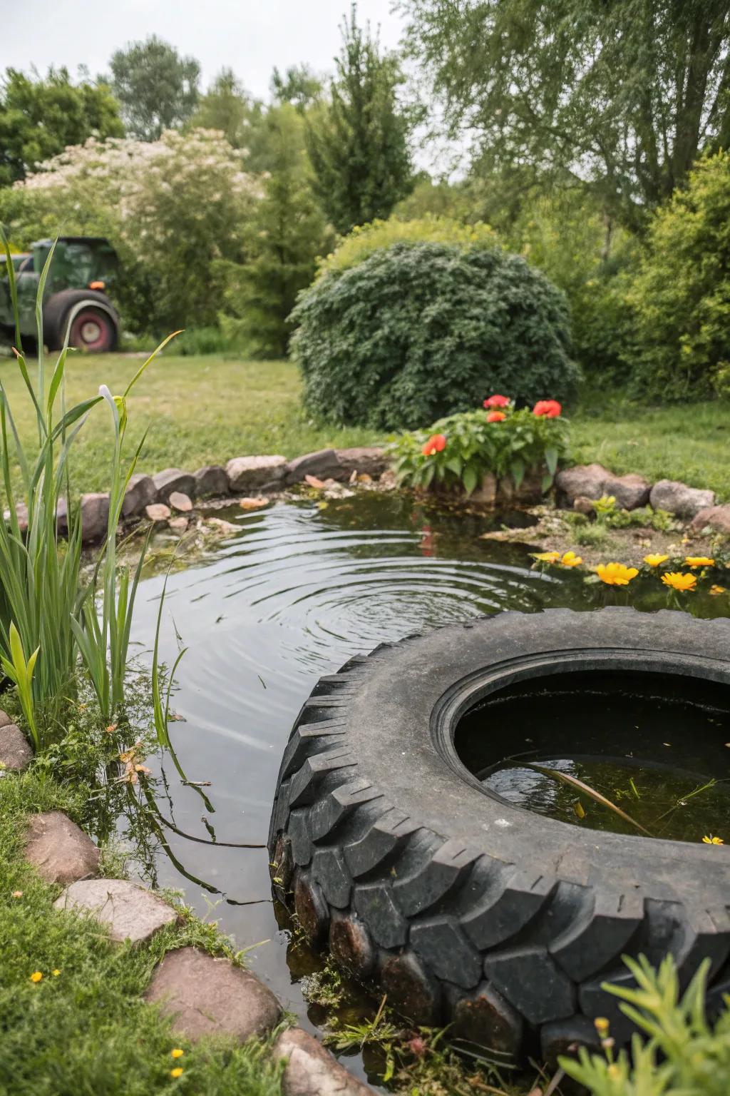 Tractor tire creatively repurposed into a unique garden pond.