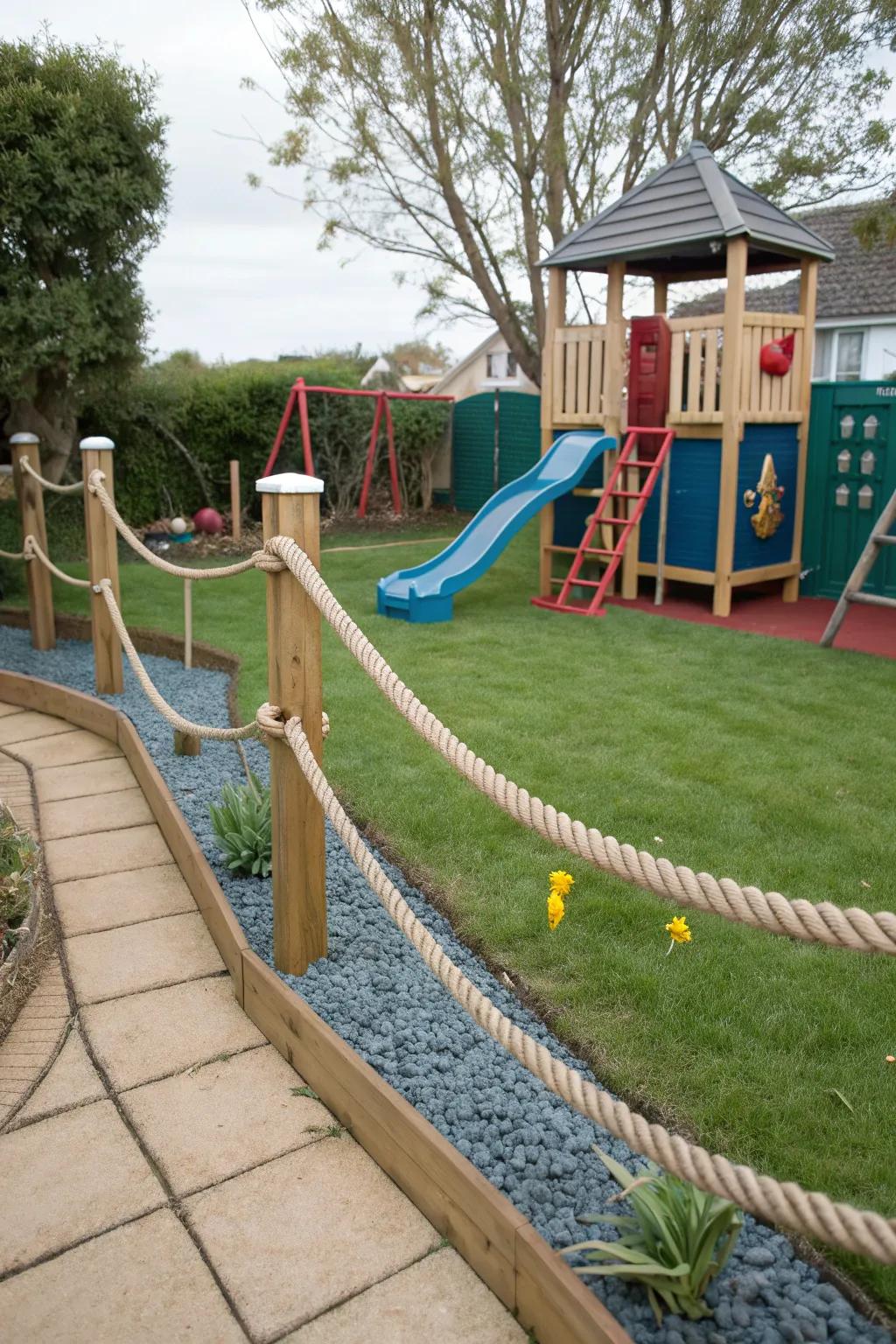 Rope and stake borders adding a nautical touch to a playground.