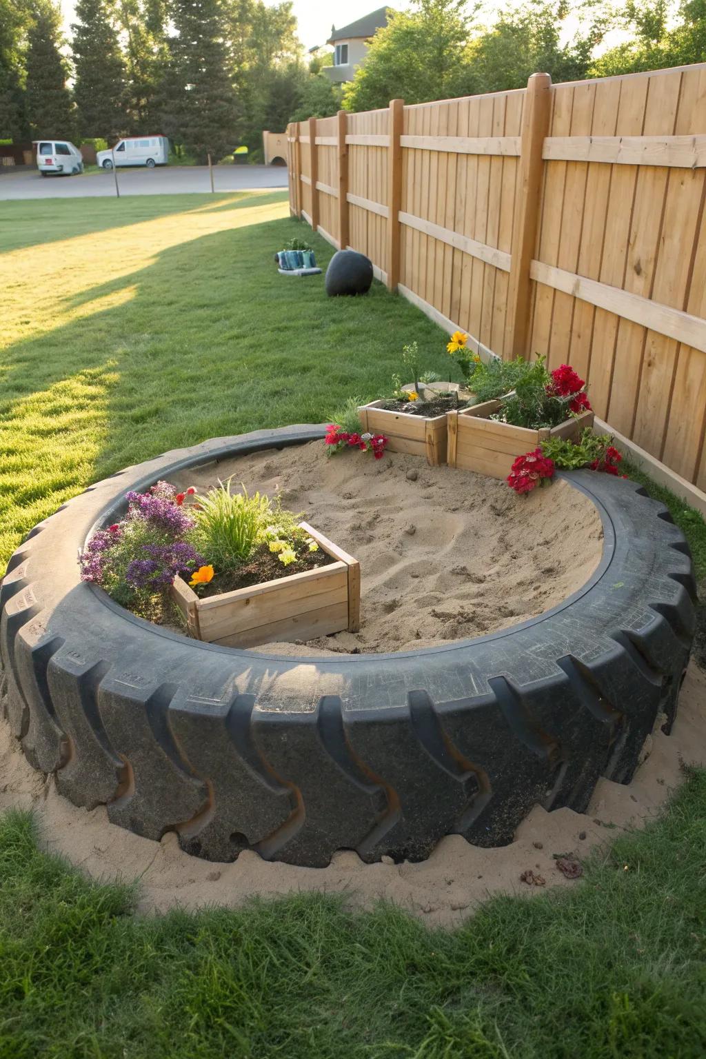 A tire-turned-sandbox with fragrant herbs all around.