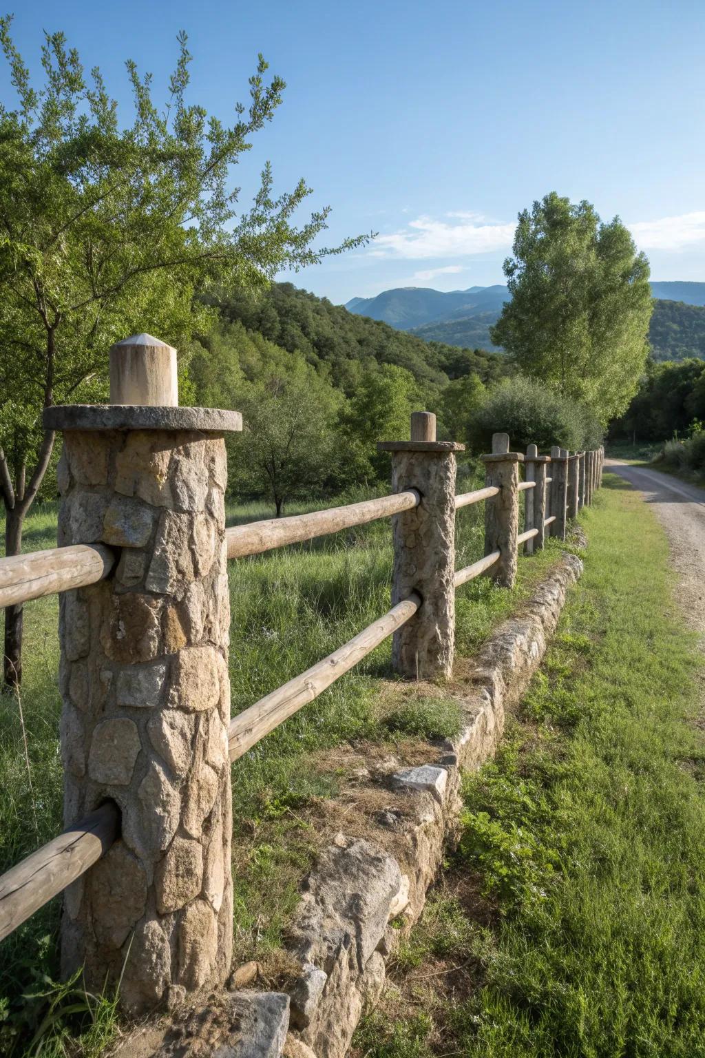 Stone post accents enhance the sturdiness and beauty of pole fences.