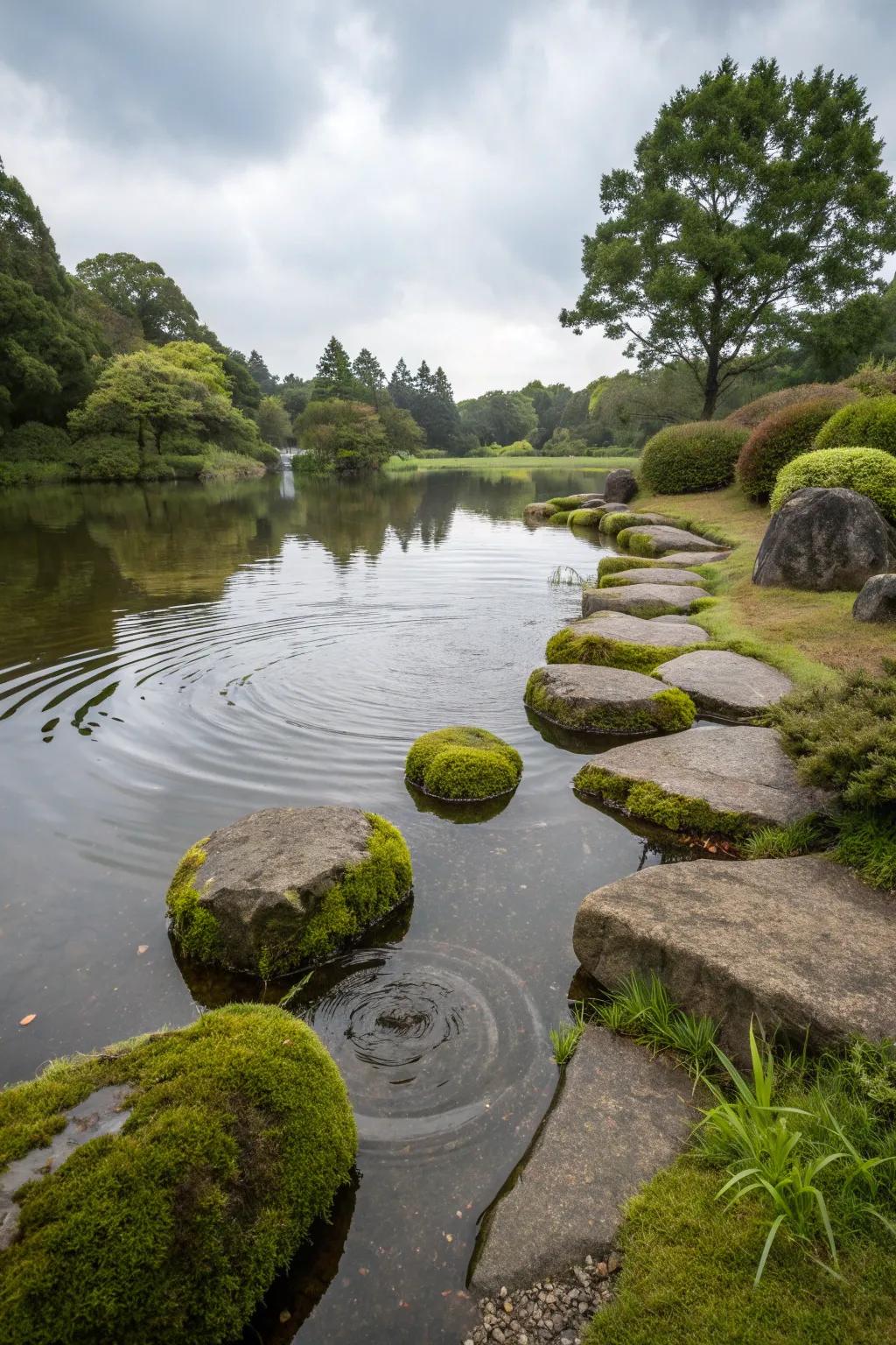 Moss-covered stones give your pond a timeless beauty.