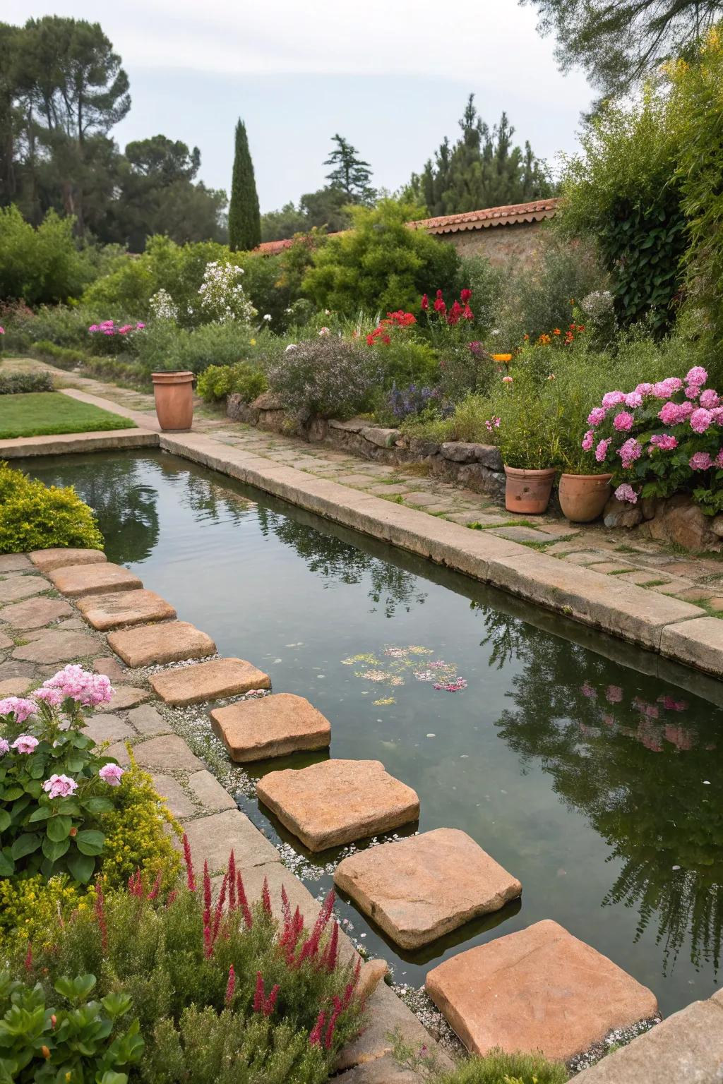 Terracotta stones provide a warm, inviting look to the pond.