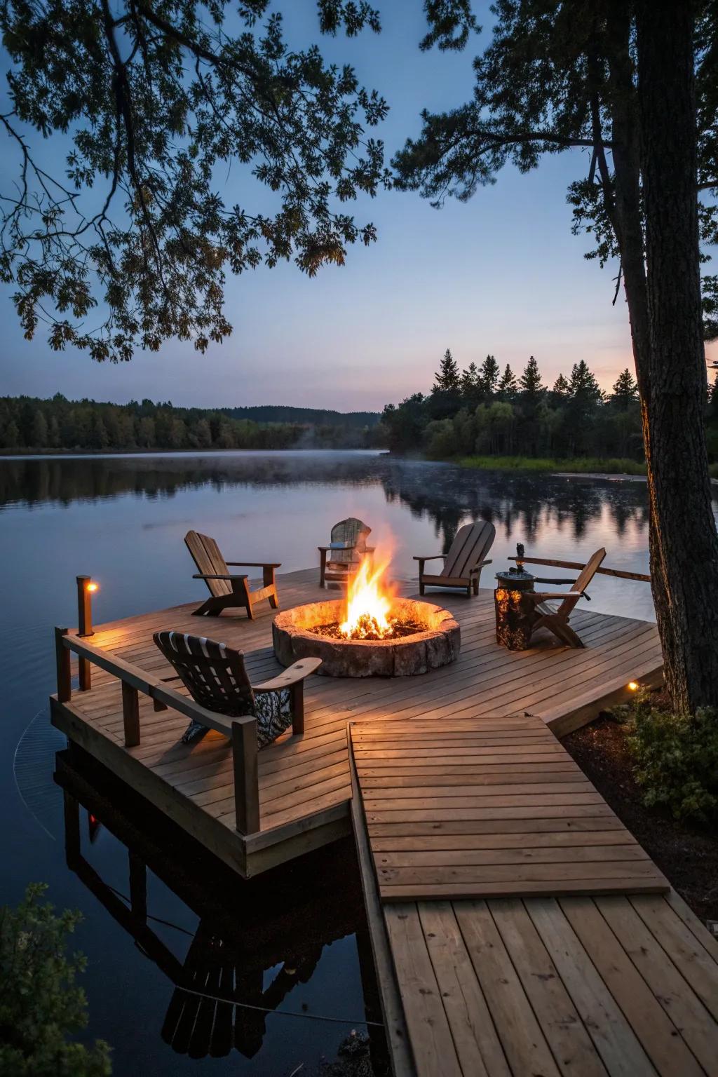 A dock with a central fire pit, perfect for evening gatherings.