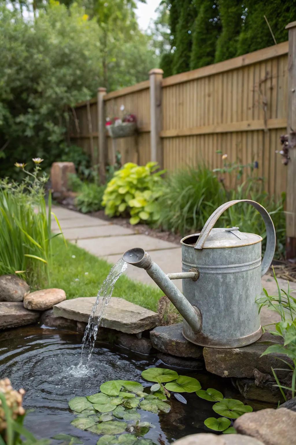 A watering can spitter adds rustic charm to your garden.