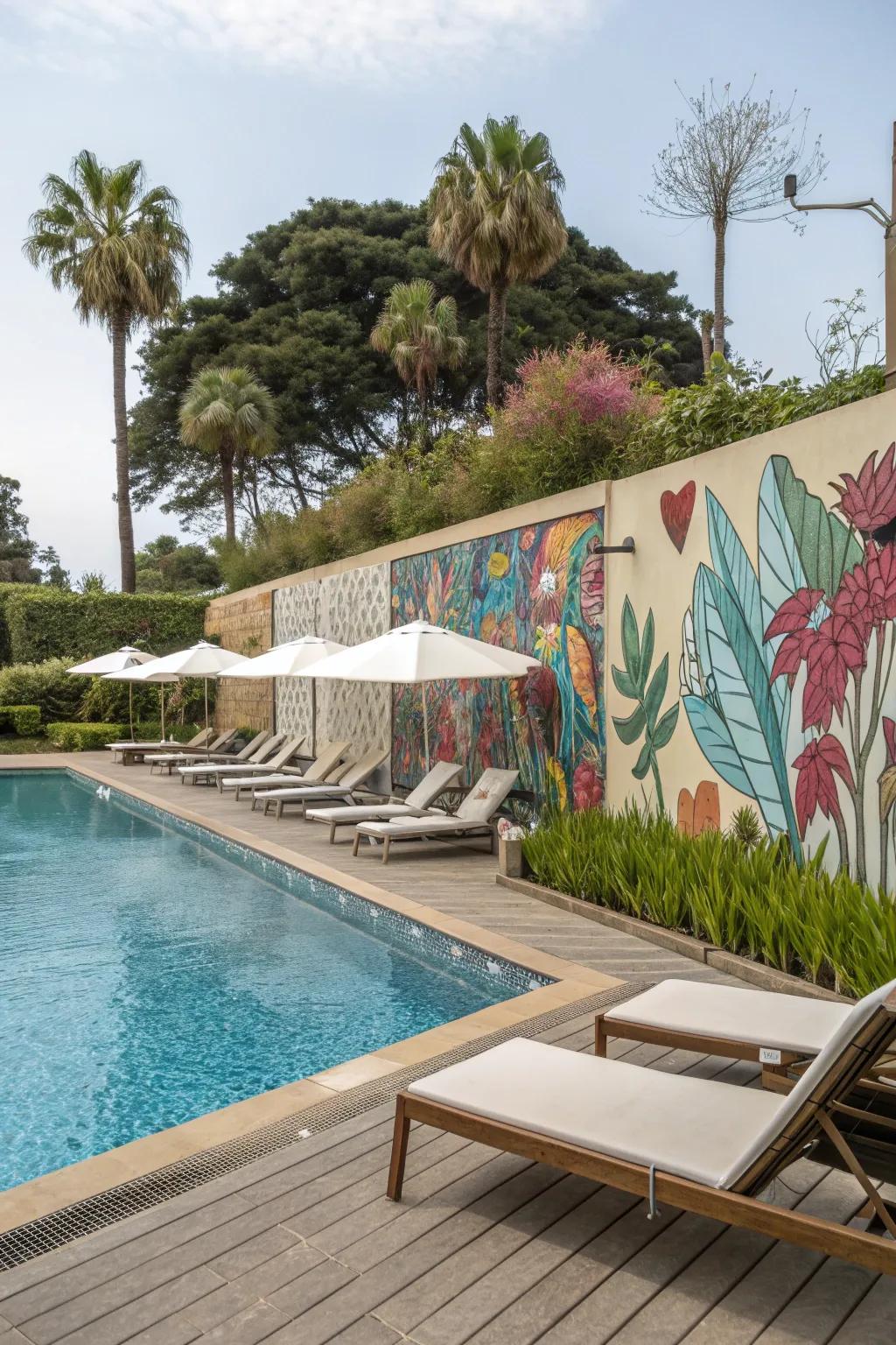 A pool deck wall adorned with vibrant outdoor art.