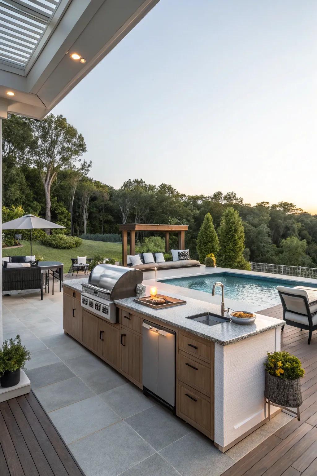 A pool deck enhanced by a fully equipped outdoor kitchen for entertaining.