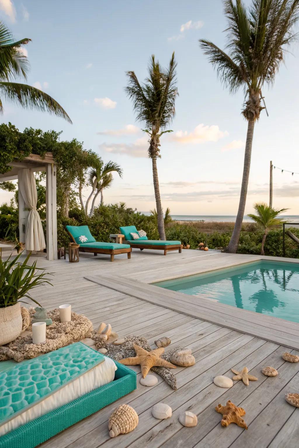 Teal accents bring the feel of the coast to your backyard.