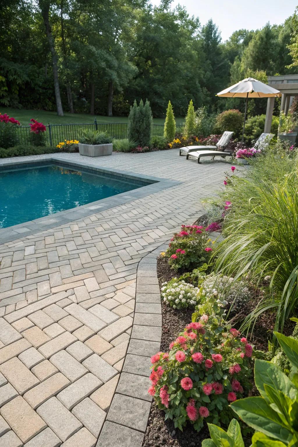 Herringbone layouts add playfulness and energy to pool decks.