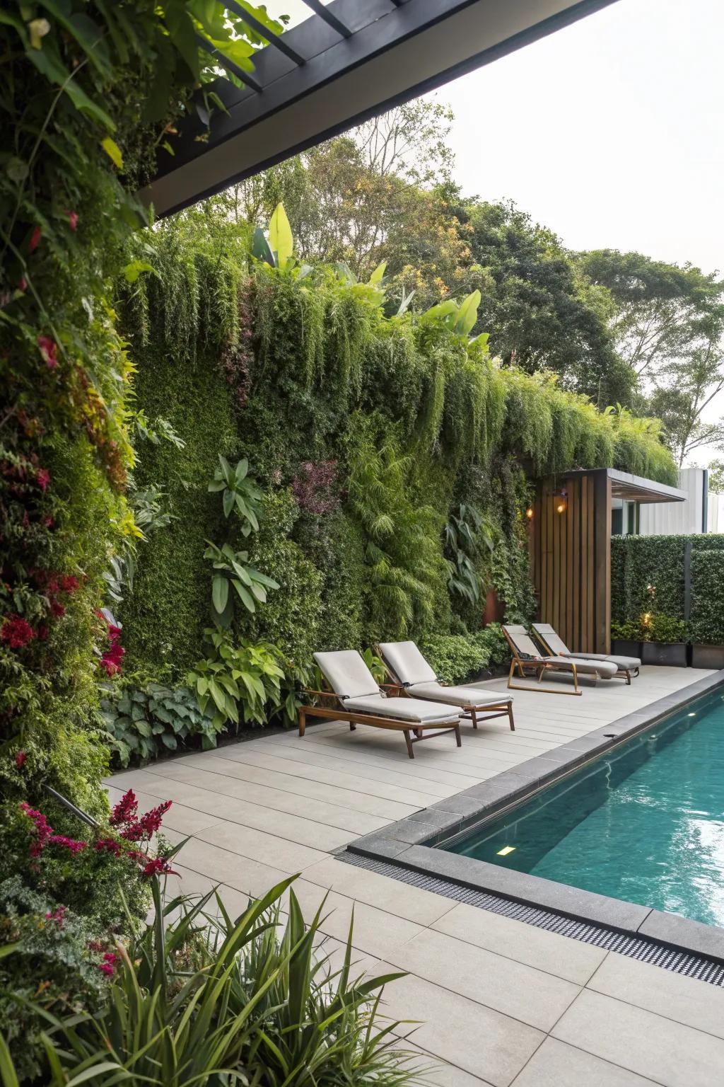 Vertical gardens blend privacy with natural beauty.