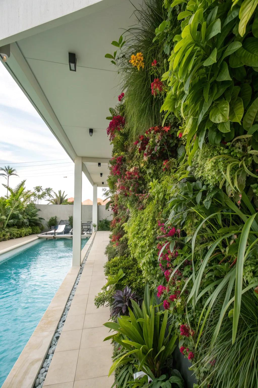 Vertical garden walls integrate nature and shade in a compact space.
