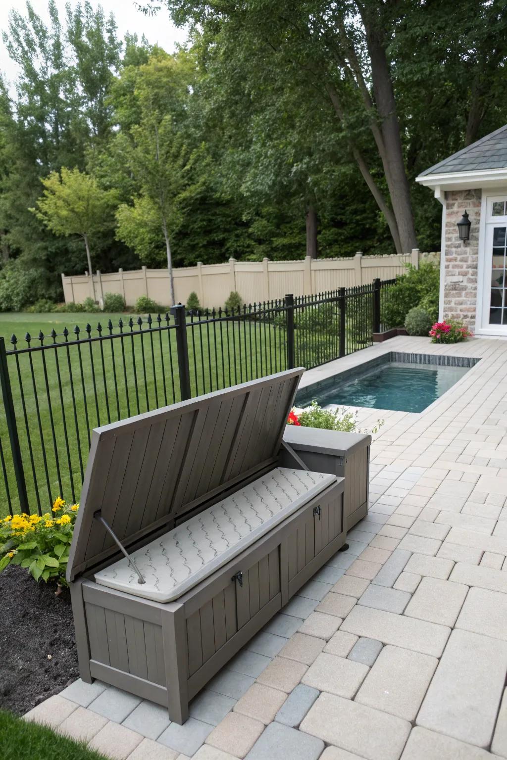 Storage benches blend leisure and utility by hiding pool equipment.