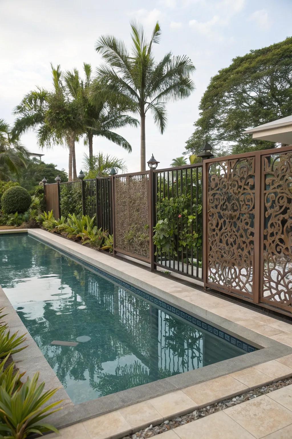 Unique fencing materials like recycled metal art panels make a stylish and sustainable statement.