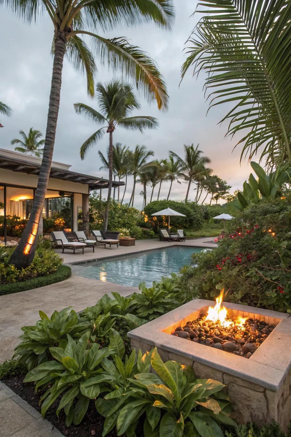Blend fire and flora for a tropical poolside escape.