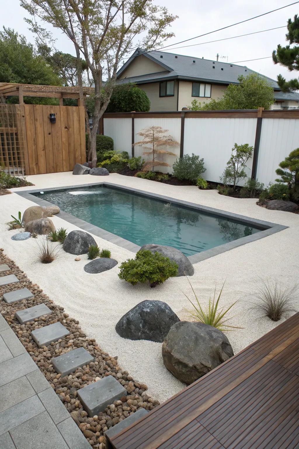 A Zen garden creates a peaceful, meditative poolside retreat.