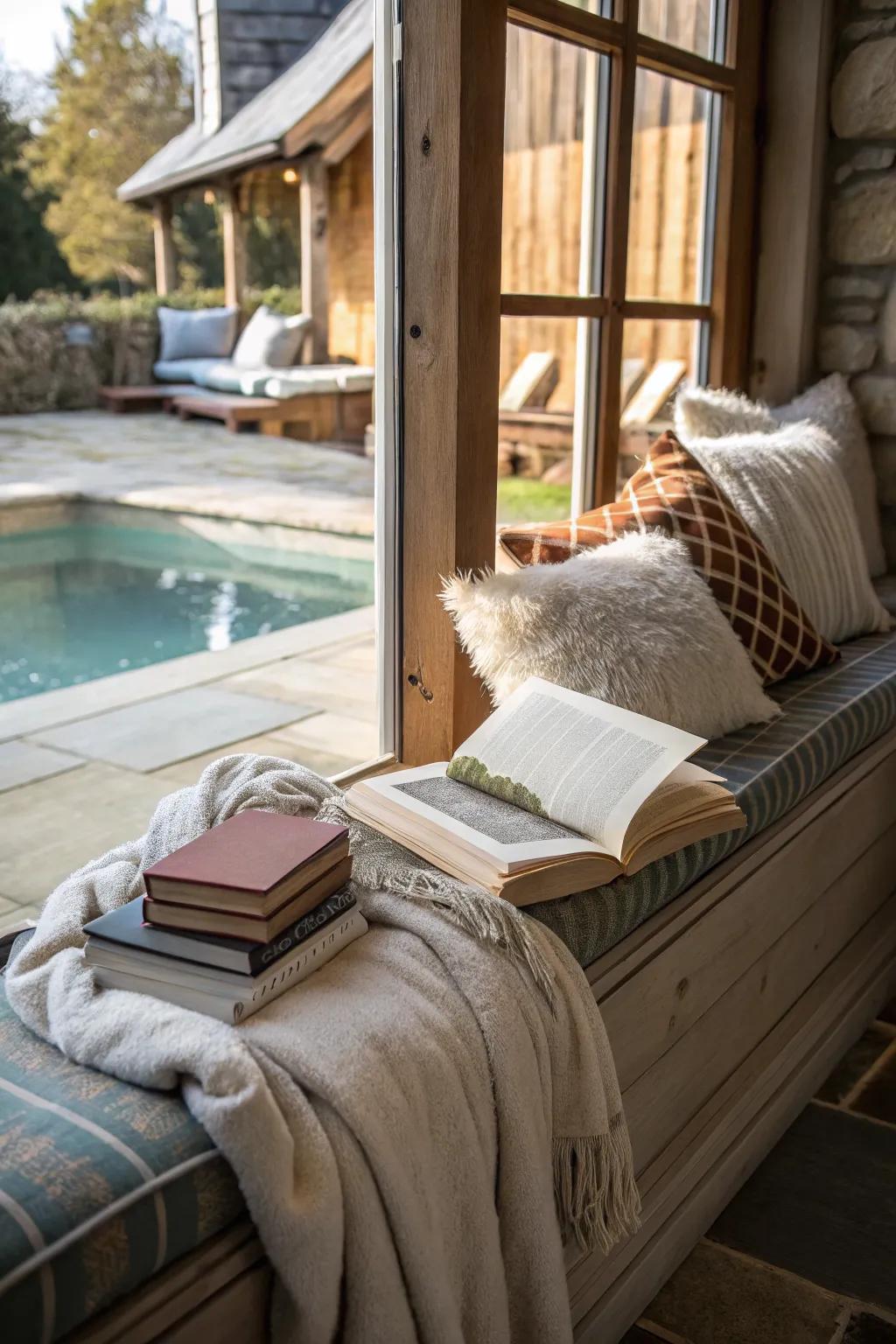 A reading nook offers a quiet escape in the pool house.
