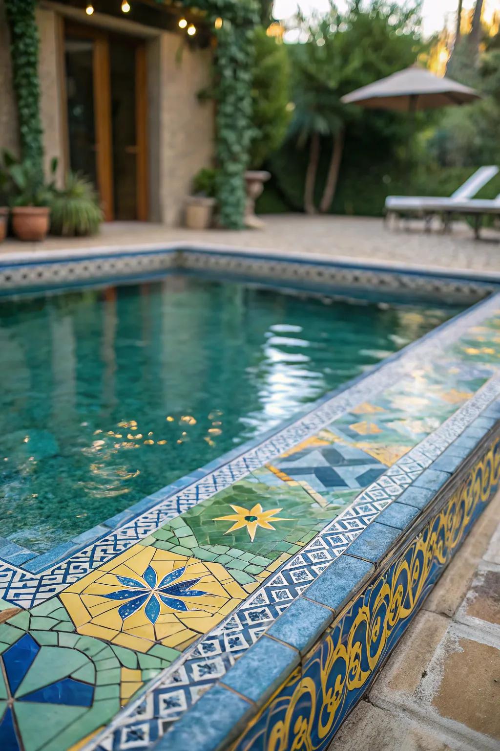 A small pool featuring eye-catching mosaic tiles.