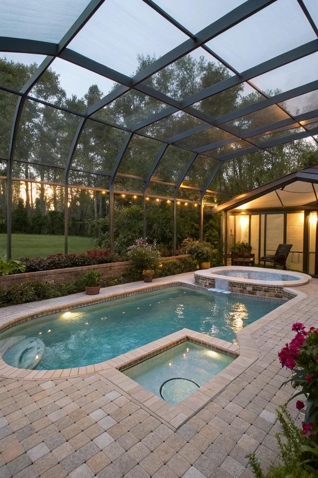 A pool and jacuzzi with a transparent enclosure for year-round enjoyment.